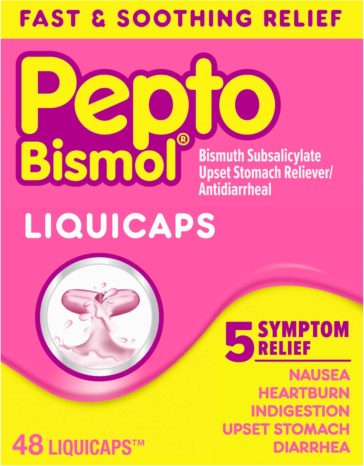Pepto Bismol Liquicaps, Upset Stomach Relief, Bismuth Subsalicylate, Multi-Symptom Relief of Gas, Nausea, Heartburn, Indigestion, Upset Stomach, Diarrhea, 48 Liquicaps