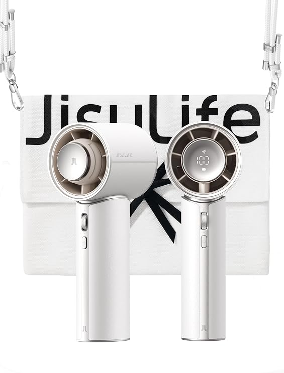 JISULIFE Handventilator Mini Tragbarer Turbo-Ventilator mit Hochwertigem PU-Leder [Bis zu 30 Stunden Kühlzeit] 1–100 Geschwindigkeit， USB-Ventilator für Reisen-Weiß