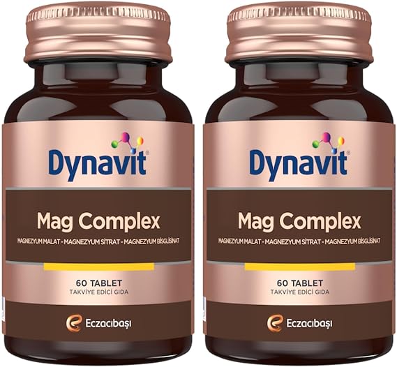 Dynavit Mag Complex 200mg Magnezyum Kompleks 3lü Form (Malat-Sitrat-Bisglisinat) 60 Tab–Kas & Kemik & Enerji (2 paketi)