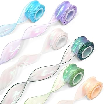 Ribbons for Gift Wrapping, Kaluofan 6 Rolls 1.57Inch Transparent Ribbon Christmas Iridescent Ribbon, Dreamy Tulle Ribbons for Crafts Wedding Christmas Invitations Bouquet Crafts Decor