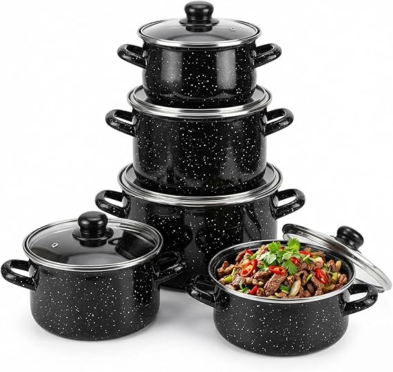 Enamelware Pot Set 5pcs - Cooking Pots with Lids, Enamel Stockpot Set for Soup Stew, Induction Compatible Vintage Cookware, Glass Lid Kitchen Pot Set (Black)