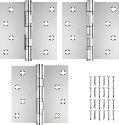 304 Stainless Steel Door Hinges 4 X 4 Inch with Square Corner Ball Bearing Door Hinges Non-Removable Pin Heavy Duty for Exterior Interior Doors Silver, 3 Pack