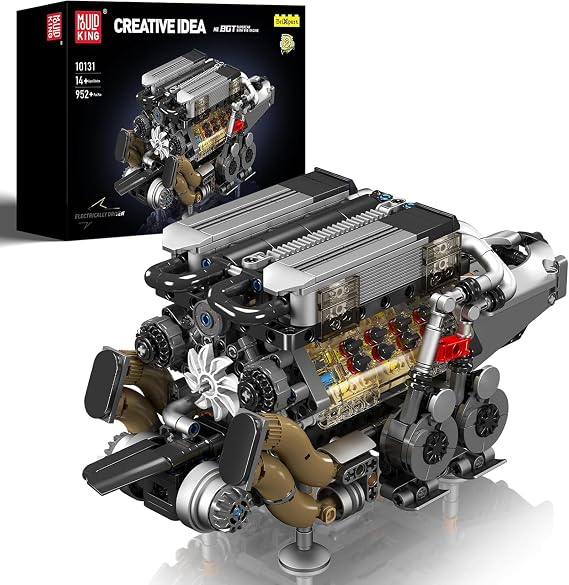 Mould King W16 Engine Building Blocks Set, Combustion Engine Model that Runs, Mini Engine Build Kit for Adults with Battery and Motor, Engineering Construction STEM Toy for Teens(952 Pcs)