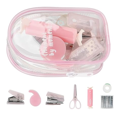 7Pack Mini Office Supply Kit Mini School Supplies Kit with Cute Case Scissors Hole Punch Highlighter Stapler with Staples and Staple Remover for Students (Pink)