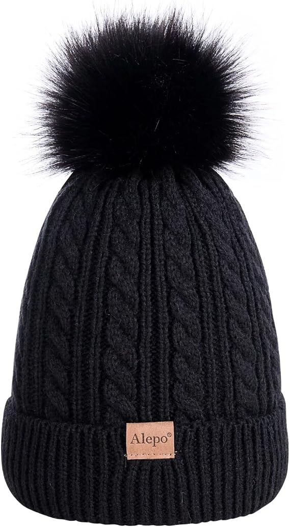 Alepo Kids Winter Beanie Hat, Children's Warm Fleece Lined Knit Thick Ski Cap with Pom Pom for Boys Girls