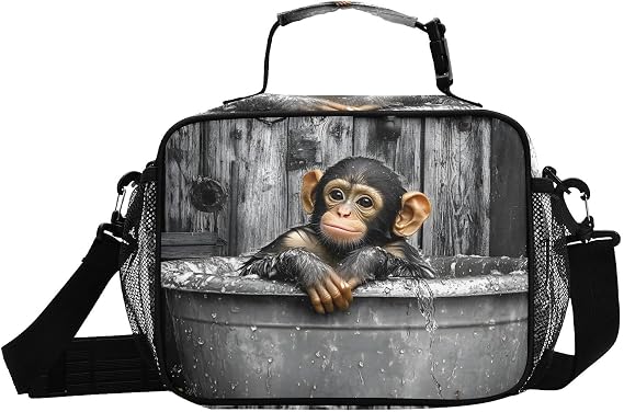Monkey Bathtub Vintage Insulated Lunch Box for Women Men Washable Lunch Bag for Picnics - Includes Adjustable Shoulder Strap