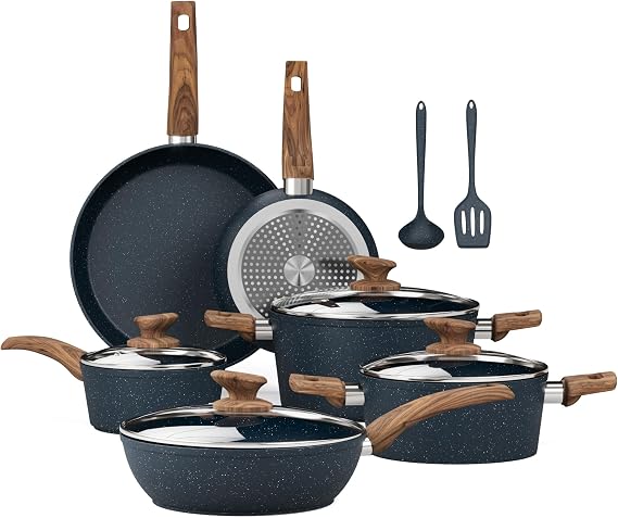 Kitchen Academy Induction Hob Pans Set -12PCS Pots and Pans Set Non-Stick | Granite Nonstick Blue Cookware Set Non-Toxic, Easy to Clean, Fast Heating, PFOA & PFAS Free