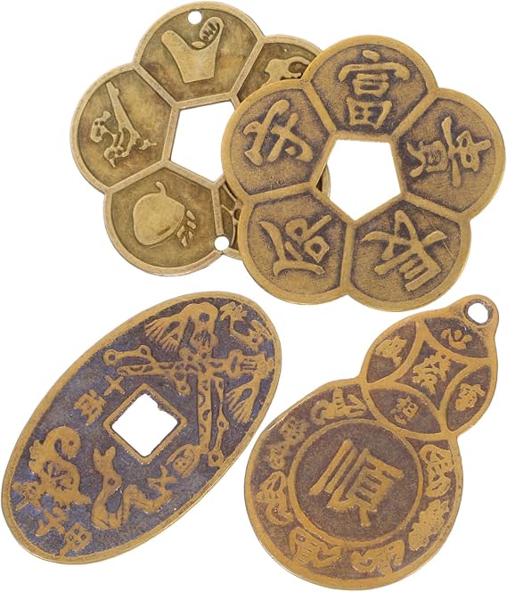 UPKOCH 4 pcs Chinese Lucky Coins Feng Shui Coins for Divination and Fortune-Telling Ancient Style Brass Coins for Home Decor Wealth Health Lucky Chinese Coins 2.12 in