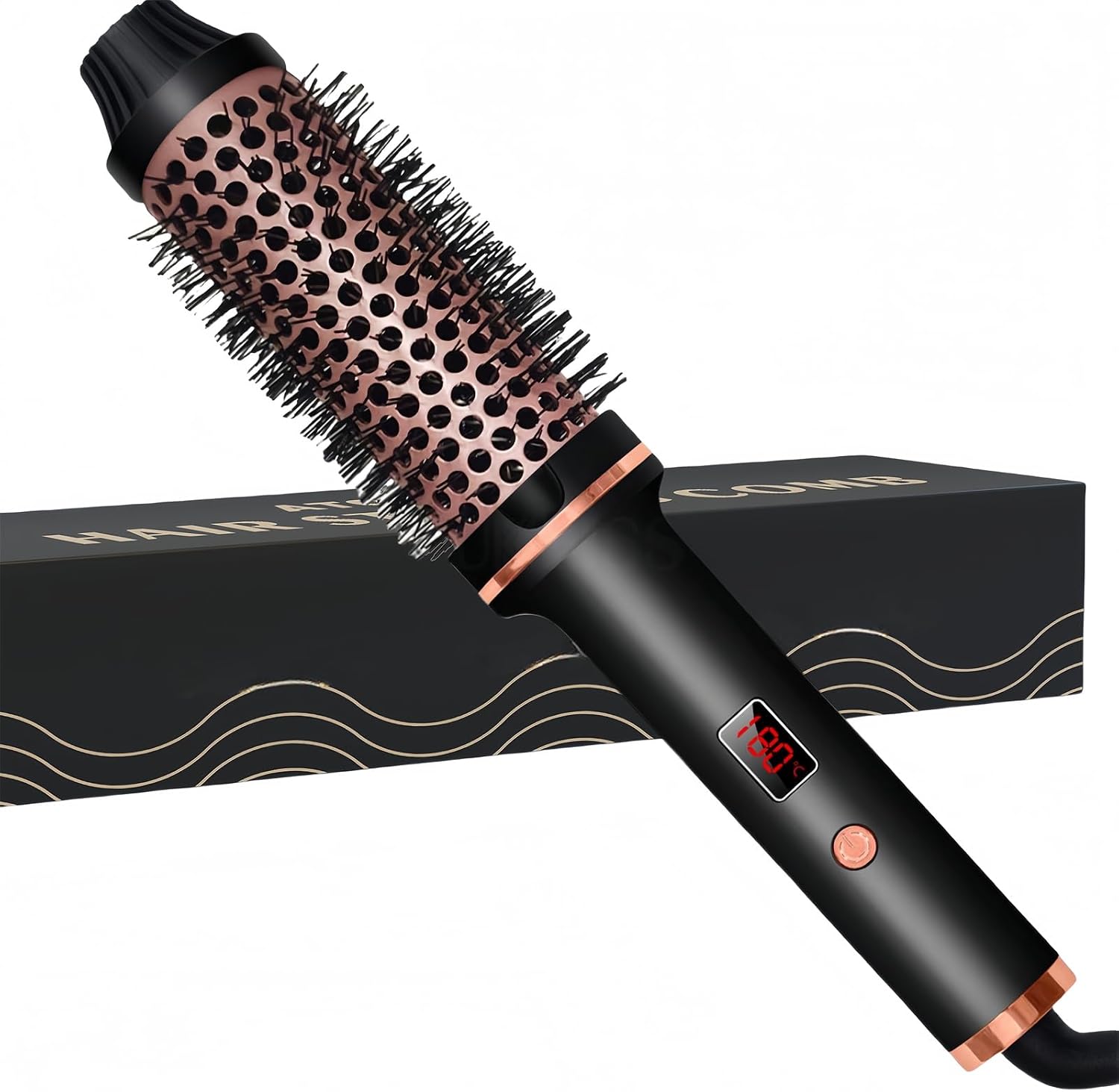 Beauty Thermal Brush, 3-in-1 Negative Ion Hair Styler with Dual Heaters, 410°F Fast Heat-Up, Snag-Free Bristles for Frizz-Free Waves & Blowouts, Adjustable TempBlack