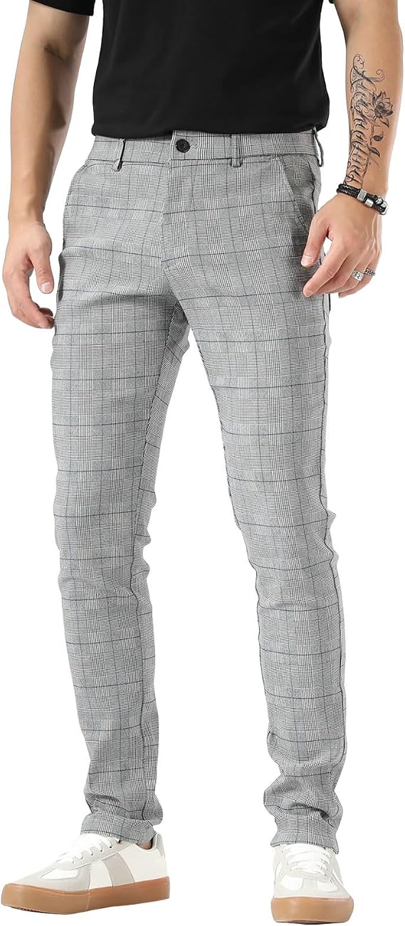Plaid&Plain Men's Plaid Skinny Dress Pants Skinny Chino Pants