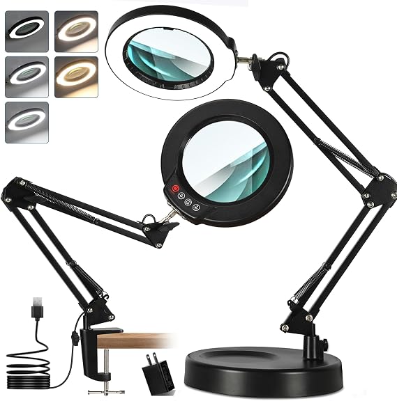 12X Magnifying Glass with Light and Stand, Real Glass Lens Magnifying Desk Lamp, Lighted Magnifier with Light Stepless Dimming Hands Free for Craft, Reading, Painting, Sewing, Solder