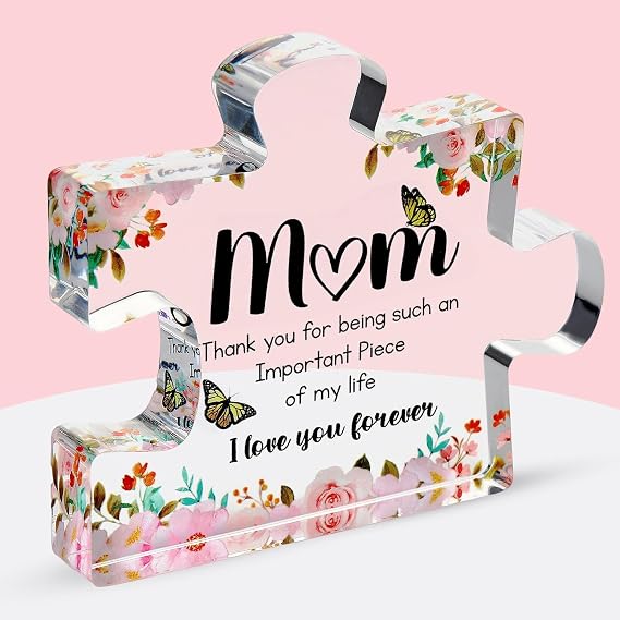 Cute Premium Thick Acrylic Puzzle Piece Gift for Mom Adorable Mothers Day, Christmas & Birthday Present Engraved Keepsake from Son or Daughter Freestanding 3D Decorative Home Display for Mom