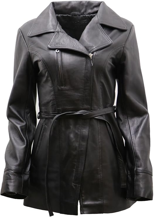 Women's Black, Brown, Tan Nappa Leather Long Biker Jacket with Belt