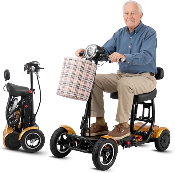Mobility Scooter for Senior & Adult - 4 Wheels All Terrain Folding Electric Powered Scooter w/Front Basket, Battery Power Indicator, Solid Tires, Headlights & Brake Light (Gold)