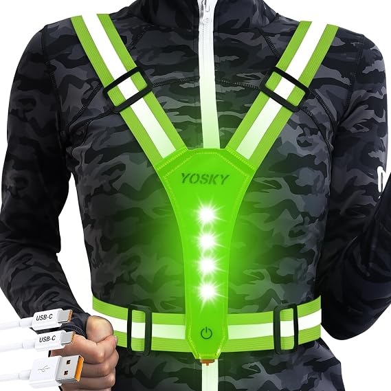 YOSKY 8 LED Running Reflective Gear Rechargeable Adjustable Running Lights Vest Safety Night Reflective Vest