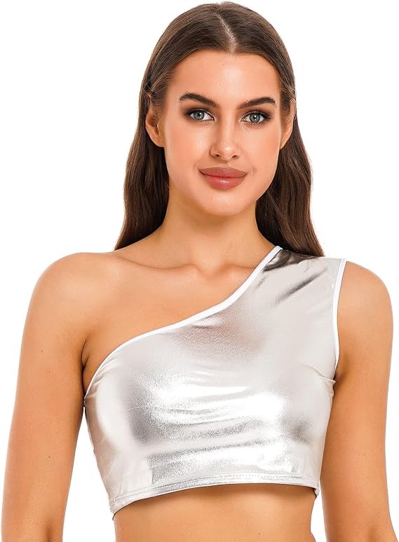 Womens One Shoulder Crop Tank Tops Sleeveless Shiny Metallic Dance Tops Hip Hop Vest T Shirt