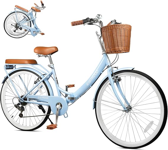 26 Inch Beach Cruiser Bike for Women, Hybrid Womens Bike with 7 Speed, Adjustable Seat, Lightweight Women Beach Cruiser Bike with Anti-Skid Tires, V-Brakes (Foldable Bar, Blue)