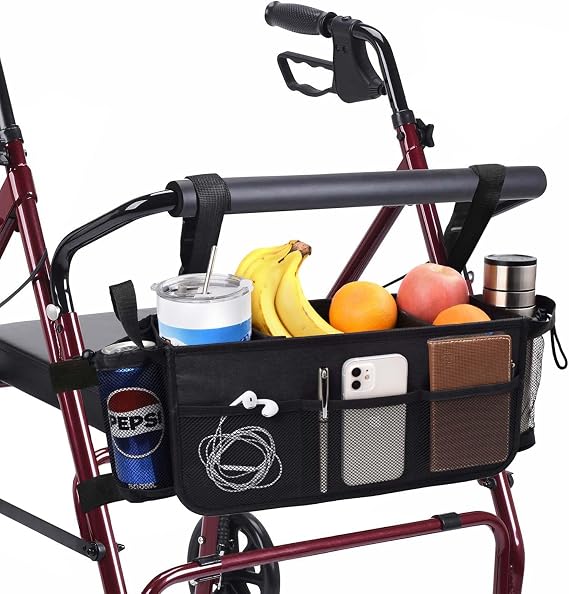 Upgraded Rollator Basket Foldable Rollator Walker Storage Bag with Cup Holder for Seniors with Big Capacity,Never Tipping Over and Easy to Use,Best Present for Family