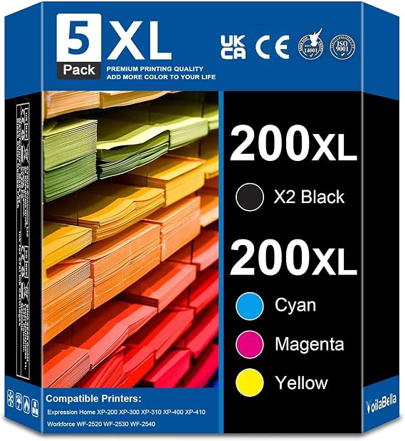 200XL Ink Cartridge Replacement for 200XL 200 XL T200XL to use with XP-200 XP-300 XP-310 XP-400 XP-410 WF-2520 WF-2530 WF-2540 Printer (2Black, 1Cyan, 1Magenta, 1Yellow, 5-Pack)