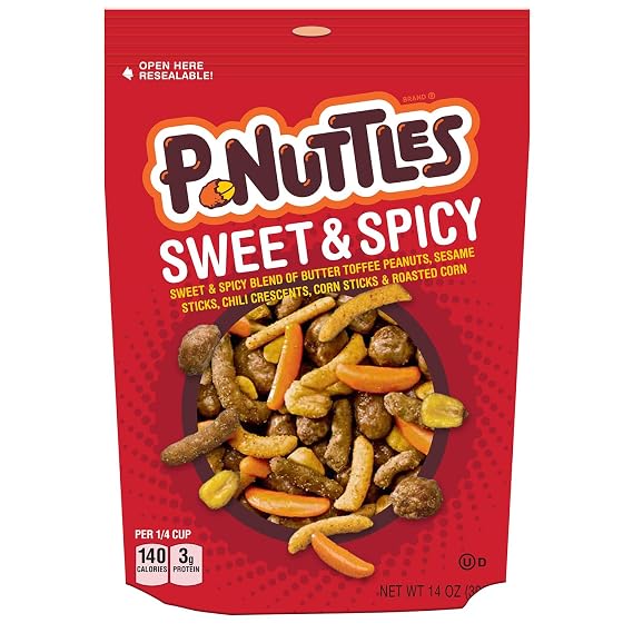 P-Nuttles Sweet & Spicy Snack Mix, 14oz Resealable Bag (Pack of 1) - Butter Toffee Covered Peanuts w/ Sesame Sticks, Chili Crescents, Corn Sticks & Roasted Corn - Kosher Certified Sweet & Spicy Snacks