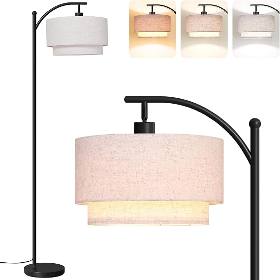 SUNMORY Floor Lamps for Living Room, Arc Floor Lamp with 12W 3 Color Temperatures LED Bulb, Modern Floor Lamps with Adjustable Double Fabric Shades, Tall Standing Lamp for Bedroom, Corner