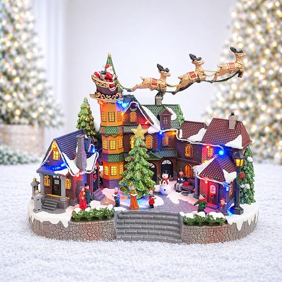 MOMENTS IN TIME Christmas Village Centerpiece Decor Santa Riding Sleigh Flying Over The Town Center Featuring LED Lights and Animation Power Adapter (Included)