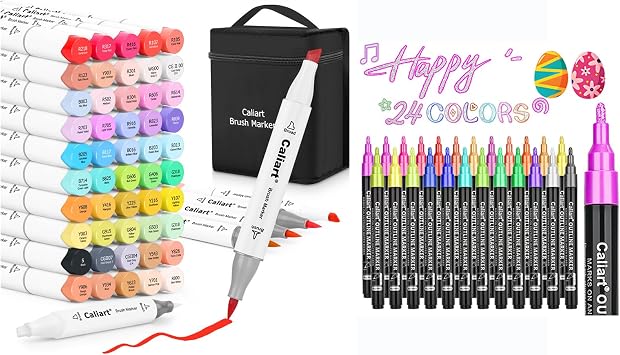 Caliart 51 Colors Alcohol Based Brush Markers, 24 Double-Line Drawing Pens, Mothers Day Gift for Mom, Kids, Adults, Artist, Cards
