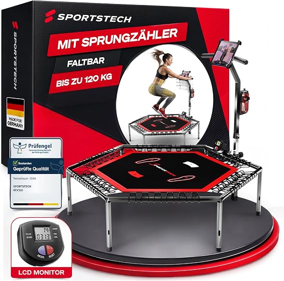 Sportstech HTX100 Folding Trampoline German Quality Brand Fitness Trampoline with Handle Indoor Jumping for Children and Adults TÜV/GS Jump Counter App Höhenverstellbarer Haltegriff klappbar indoor geeignet für Kinder & Erwachsene bis 150 kg belastbar mit Sprungzähler.