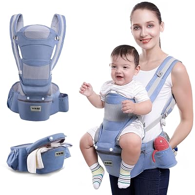 Baby Carrier with Hip Seat, for 0-48 Month Baby, Soft Baby Carrier Newborn to Toddler, 15-in-1 Ways to Carry, Adjustable Size with Sunshade, Windproof & Storage Functions Blue
