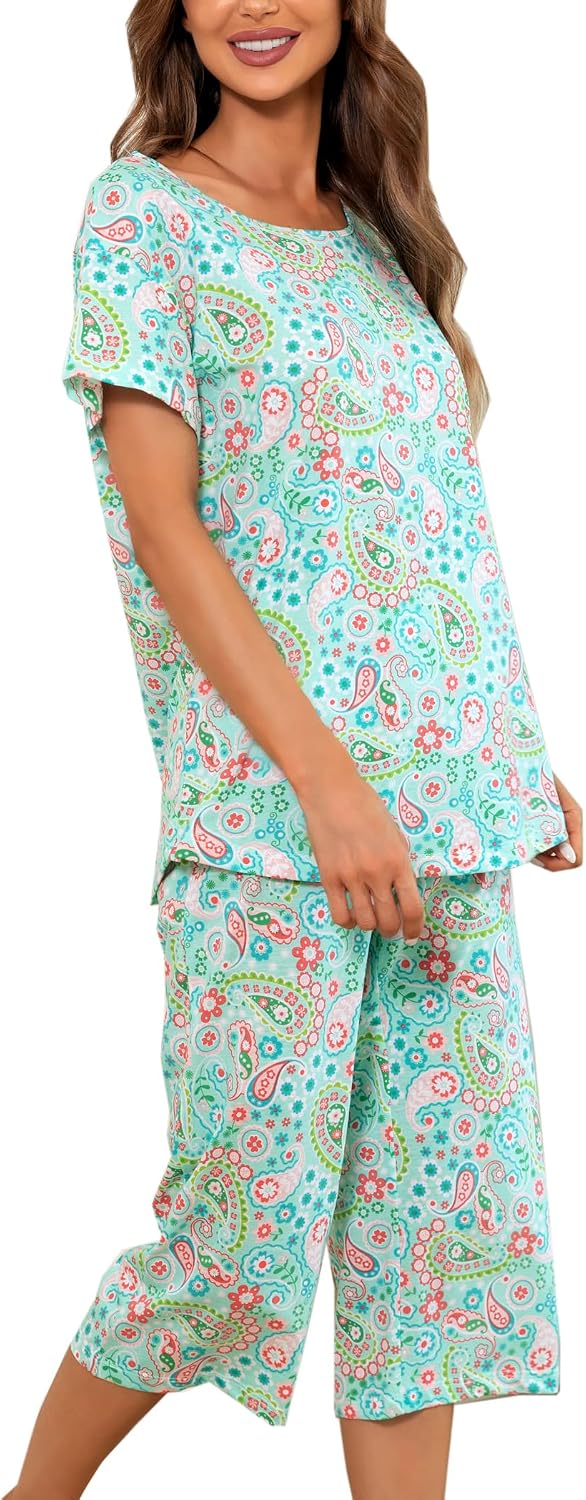ENJOYNIGHT Womens Pajama Sets Cotton Summer Pjs Tops with Capri Pants Sleepwear