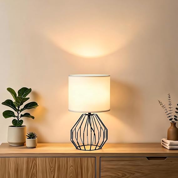 Small Table Lamp Black, Modern Minimalist Desk Lamp with Metal Base White Fabric Shade, Bedside Nightsand Table Lamp for Bedroom, Living Room, Kids Room