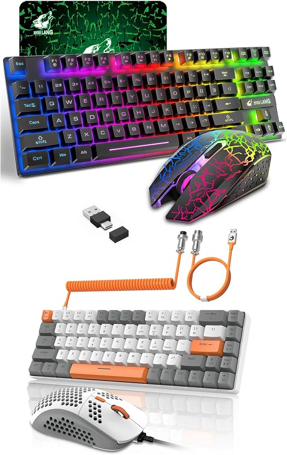 Wireless Membrane Gaming Keyboard and Mouse Black and Wired RGB Mechanical Keyboard and Mouse with Coiled Cable Gray/Red Switch