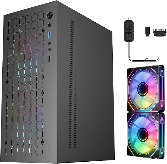 Mini-ITX PC Case with 2x120mm ARGB Fans, High Airflow ITX Case, ATX PSU Support, USB 3.0 Port, Small Form Factor ITX Computer Case(Black with Fan)