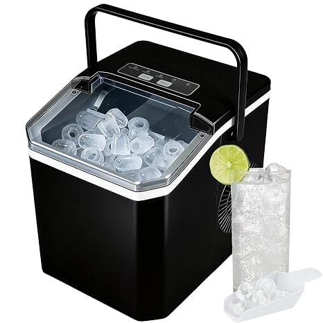 Ice Maker Machine Portable Countertop 2 Bullet Ice Sizes Cubes in 6 Minutes 14KG in 24H with Scoop Basket Self-Cleaning for Home Kitchen Office Party Bar RV (Black)