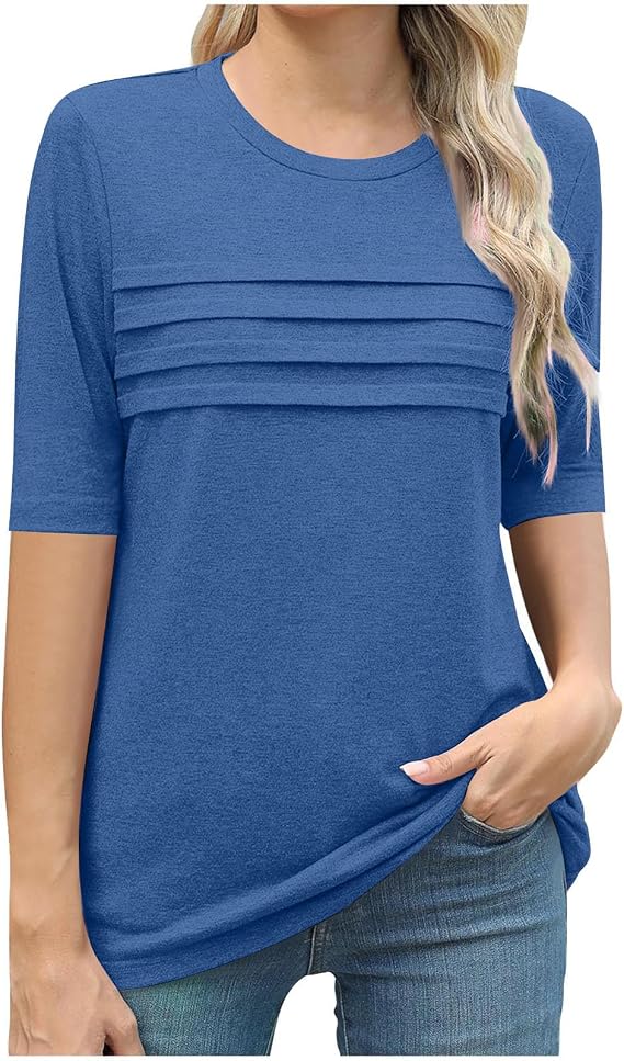 3/4 Length Sleeve Womens Tops Round Neck Casual Tunic Tops Front Pleated Shirts Dressy Summer Beach Vacation Tees