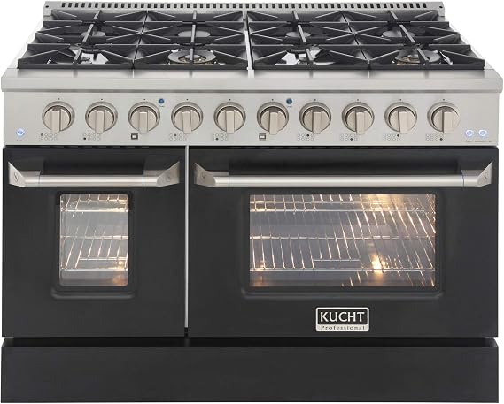 Kucht KNG481-K 48 Inches 8 Burners and Double Oven Gas Range in Stainless Steel and Black Oven Doors