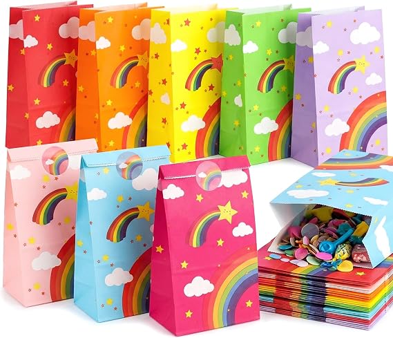 VGOODALL 24 Pack Rainbow Favor Bags with Stickers, 8 Colors