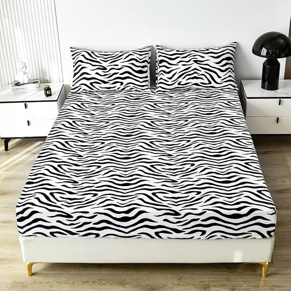 Feelyou Black White Leopard Print Fitted Sheet Queen Size
