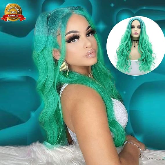 Long Lime Green Colorful Wigs for Women Long Wavy Green and Blue Curly Real Hair Wig Synthetic Wig Natural Heat Resistant Fiber Hair Replacement Wigs Drag Cosplay Party 24Inch