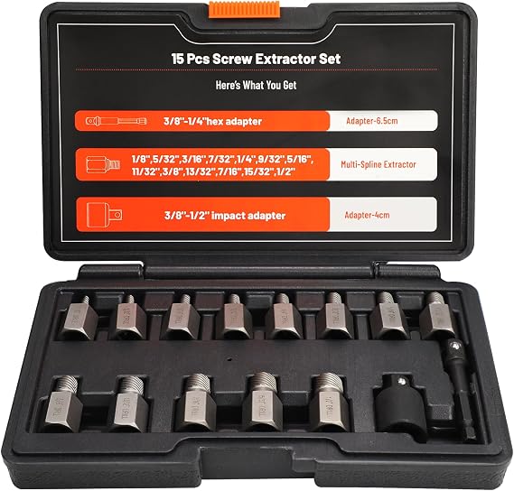 15Pcs Screw Extractor Set Double Hex Head Multi-Spline Lug Nut Remover