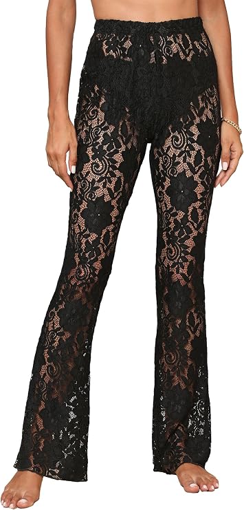 Women Lace Bell Pant Sexy See Through Flare Bottom Leggings | Hollow Out Mesh,Sheer Floral Lace,Elastic Waisted,Cover Up Trousers, Stretchy Club Wear Going Out
