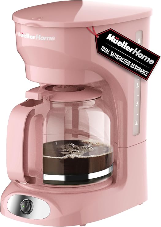 MUELLER HOME 12-Cup Pink Coffee Maker | Borosilicate Carafe, Auto-Off, Reusable Filter, Anti-Drip, Keep-Warm Function