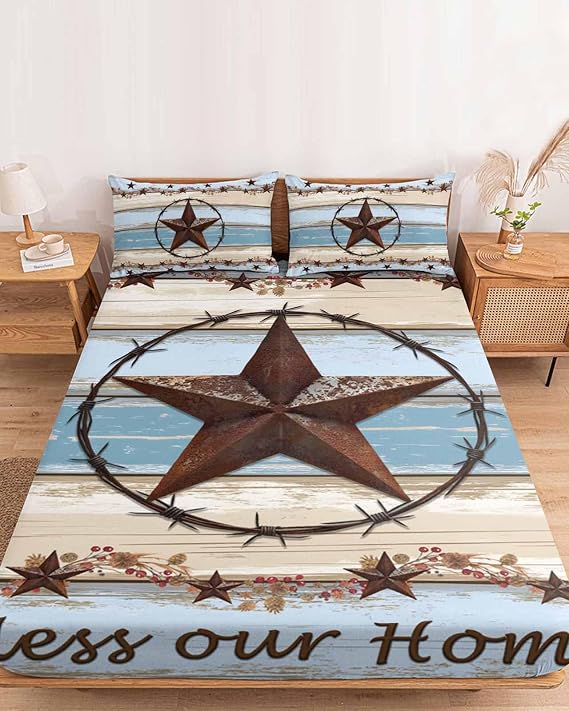 Bedding Queen Size Fitted Sheets Fit 5"-16" Deep Pocket Mattress,Western Star Farm Vintage Wood Board Soft Bottom Sheet Bless Home Quote