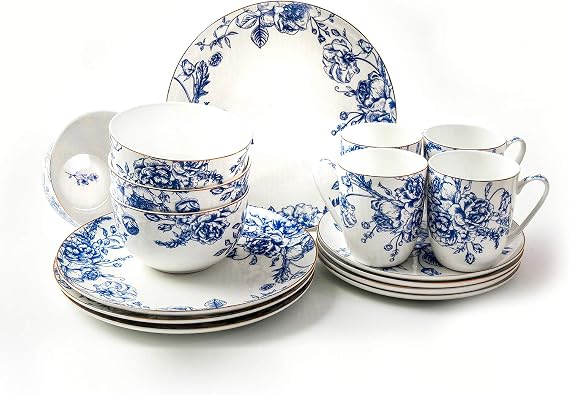 Blue Rose Plates and Bowls Sets Dishes Set for 4, Ceramic Plates and Bowls Set, Service for 4, Bone China Dinnerware Set Salad Dessert Plates, and Cereal Bowls Set, Microwave safe by KOKEN