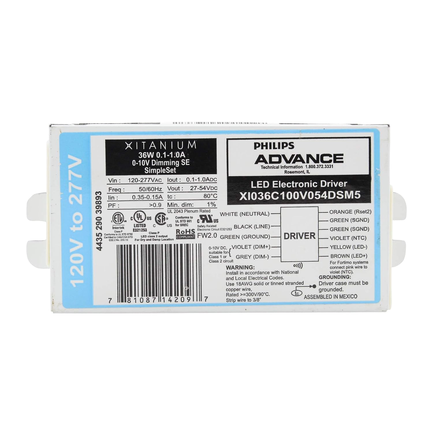 Advance XI036C100V054DSM5 Xitanium Dimmable LED Driver, 36W, 27-54V, 120277V