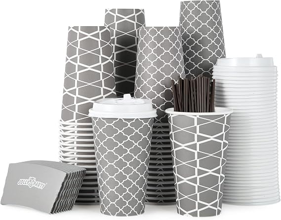 JOLLY PARTY 100Sets 16oz Paper Coffee Cups Disposable Coffee Cups with Lids