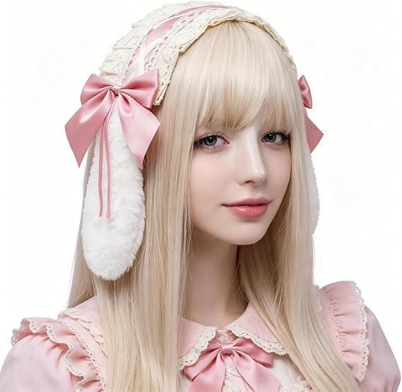 JIAHG Lolita Headdress Sweet Bow Lace Faux Fur Cat Ears Hairpin Headband for Women Costume Maid Cosplay Party Accessories