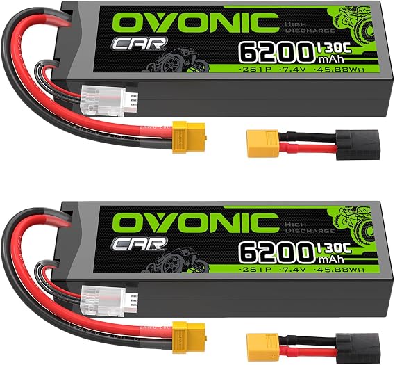 OVONIC 2S LiPo Battery 6200mAh 7.4V 130C RC Battery with XT60 to TRA Connector [2 Batteries in 1 Package]