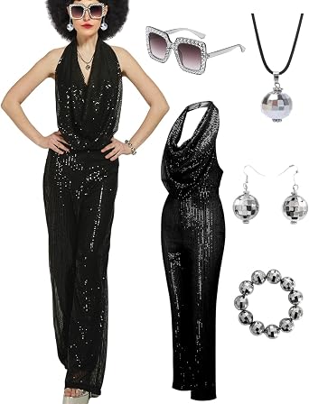 Gold 70s Disco Costume: Women's Sequin Backless Halter Neck Jumpsuit with Disco Ball Accessories