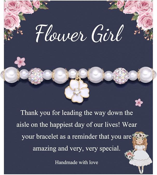 PINKDODO Flower Girl Bracelet Rhinestone Pearl Flower Charm Bracelet Wedding jewelry Gifts for Flower Girl